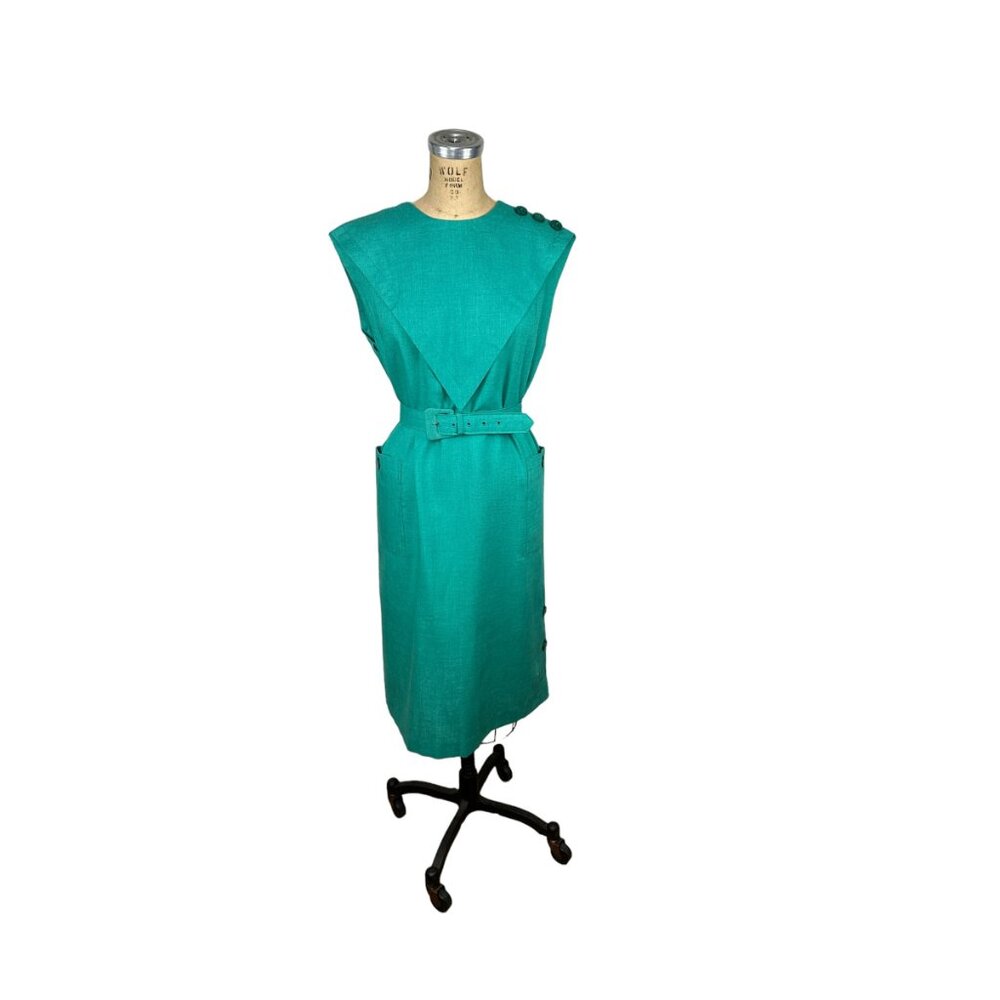 1980s green linen dress with shoulder buttons and pockets by Leslie Fay Size M/L - Picture 2 of 8